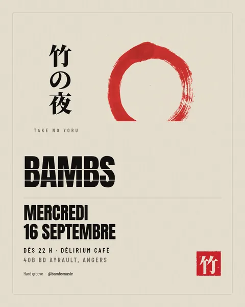 Seconde affiche Bambs : un cercle d'encre rouge tracé au pinceau, le nom en noir, beaucoup de vide.