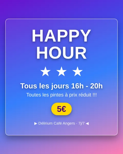Avant : La même annonce Happy Hour : à gauche un visuel générique à dégradé violet et emoji, à droite l'affiche dessinée avec la colonne à bière.