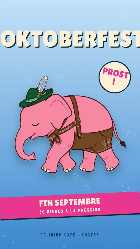 Story verticale Oktoberfest : l'éléphant rose du bar en culotte de cuir bavaroise, titre en haut, bandeau rose en bas.