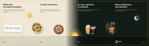 Le carrousel entier du Little Pony : le fond passe du jour à la nuit, la cantina de midi puis le bar à cocktails du soir.