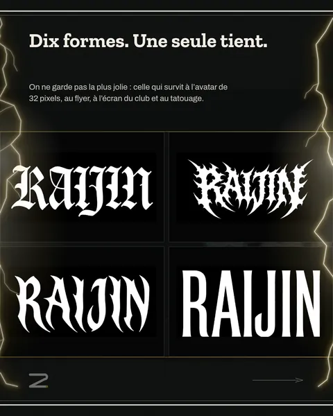 Quatre propositions de logotype pour le DJ Raijin, en blanc sur noir : gothique, épineux, calligraphié, condensé.