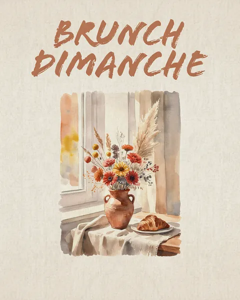 Affiche d'exemple dans le style bohème : un brunch du dimanche en lin et fleurs séchées.