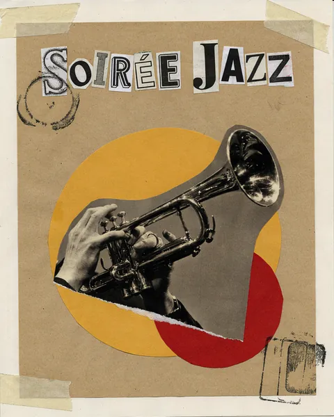 Affiche d'exemple dans le style collage : une soirée jazz en papiers découpés.