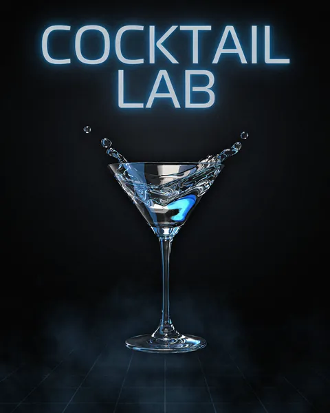 Affiche d'exemple dans le style futuriste : un cocktail en chrome liquide sous néon bleu.