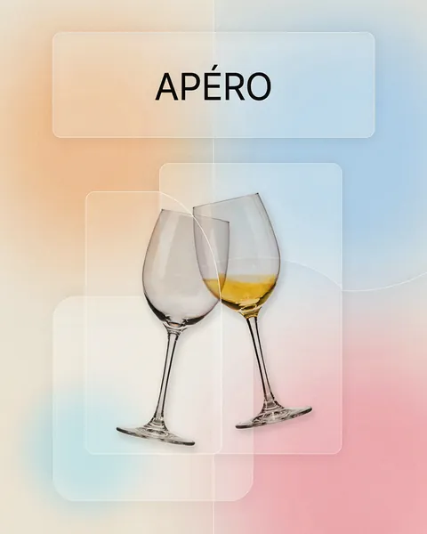 Affiche d'exemple dans le style glassmorphism : un apéro derrière des panneaux de verre dépoli.