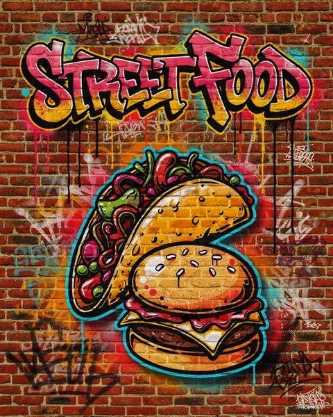 Affiche d'exemple dans le style graffiti : de la street food en lettrage graffiti.