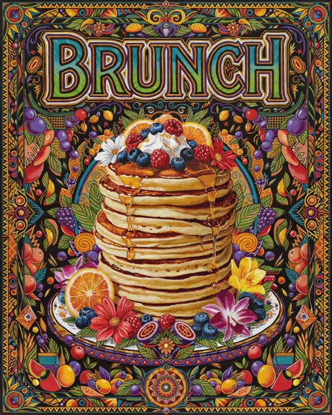 Affiche d'exemple dans le style maximalisme : un brunch qui déborde de fruits et de fleurs.