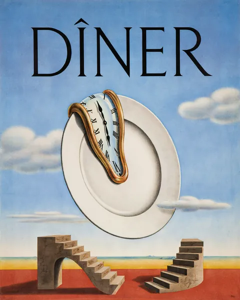 Affiche d'exemple dans le style surréaliste : un dîner dont l'assiette flotte dans le ciel.