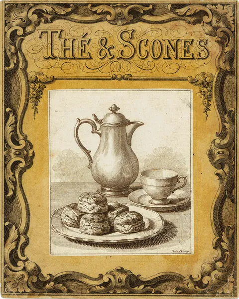 Affiche d'exemple dans le style victorien : un thé et scones en gravure ancienne.
