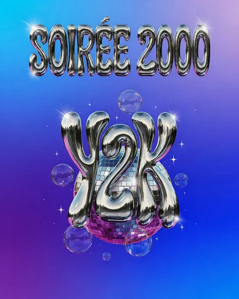 Affiche d'exemple dans le style y2k : une soirée 2000 en chrome et dégradés.