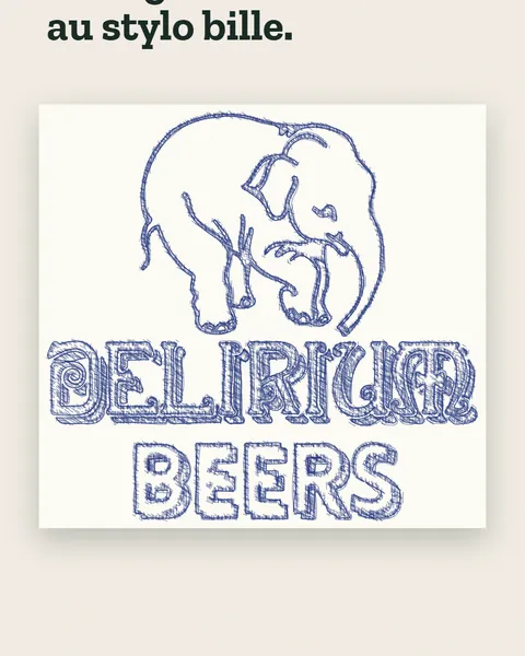 Le logo du Délirium (l'éléphant et le mot Delirium Beers) redessiné en traits de stylo bille bleu sur papier.